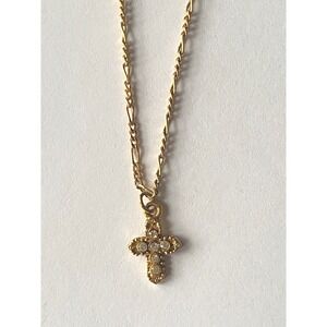 Vatican Library VLC Gold Tone Crystal Cross Figaro Chain Necklace 18"